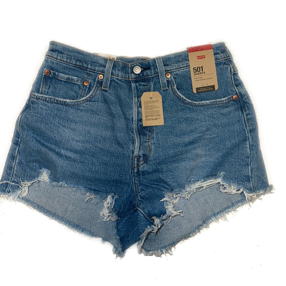 Levi’s 501 high rise distressed denim shorts